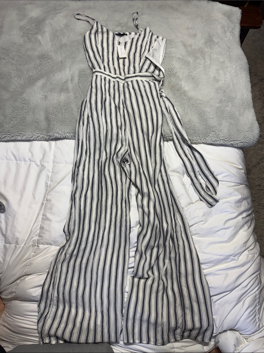 American Eagle Striped Sleeveless Wide-Leg Jumpsuit in White and Black